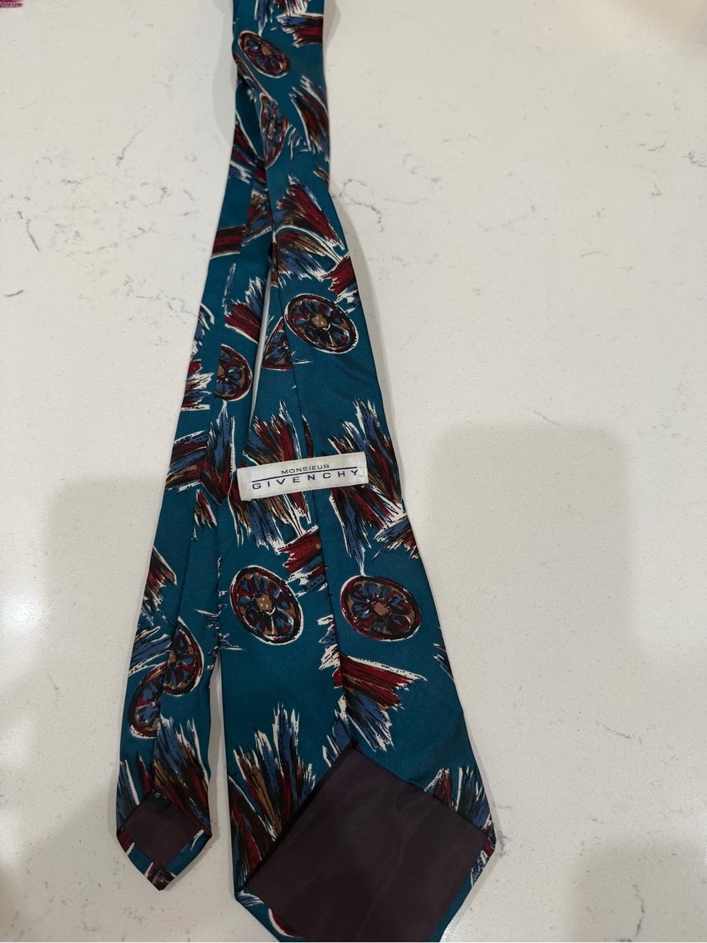 Givenchy Teal Medallion Print Silk Tie with Burgundy & Navy Accents